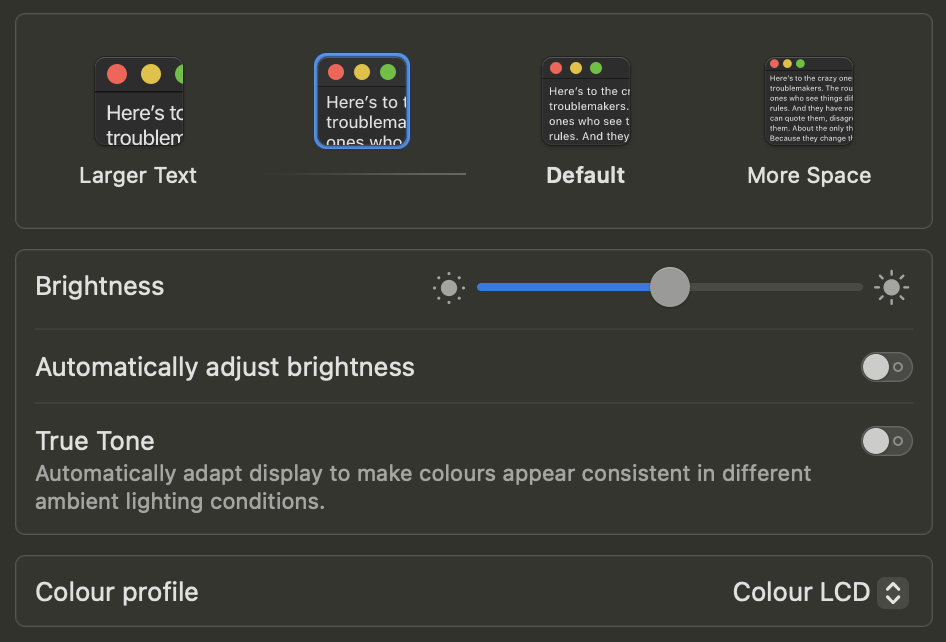 The Display settings in MacOS, rendered in dark mode.